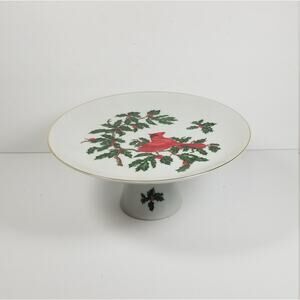 Vintage Lefton Red Cardinal Christmas Cake Plate, Footed Pedestal, 1252
